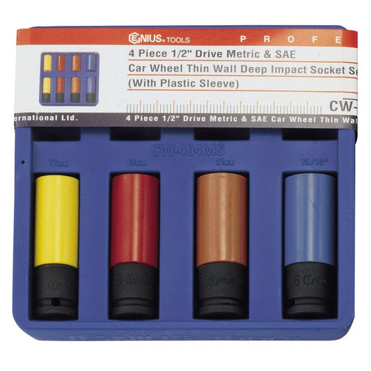 4 Pce 1/2" Drive Metric & SAE Car Wheel Thin Wall Deep Impact Socket Set(with plastic sleeve)