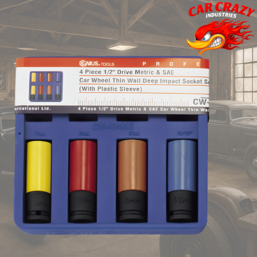 4 Pce 1/2" Drive Metric & SAE Car Wheel Thin Wall Deep Impact Socket Set(with plastic sleeve)